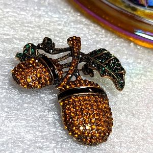 Rhinestone Acorn Pin Brooch Pendant Orange Crystals Fall Autumn Costume Jewelry